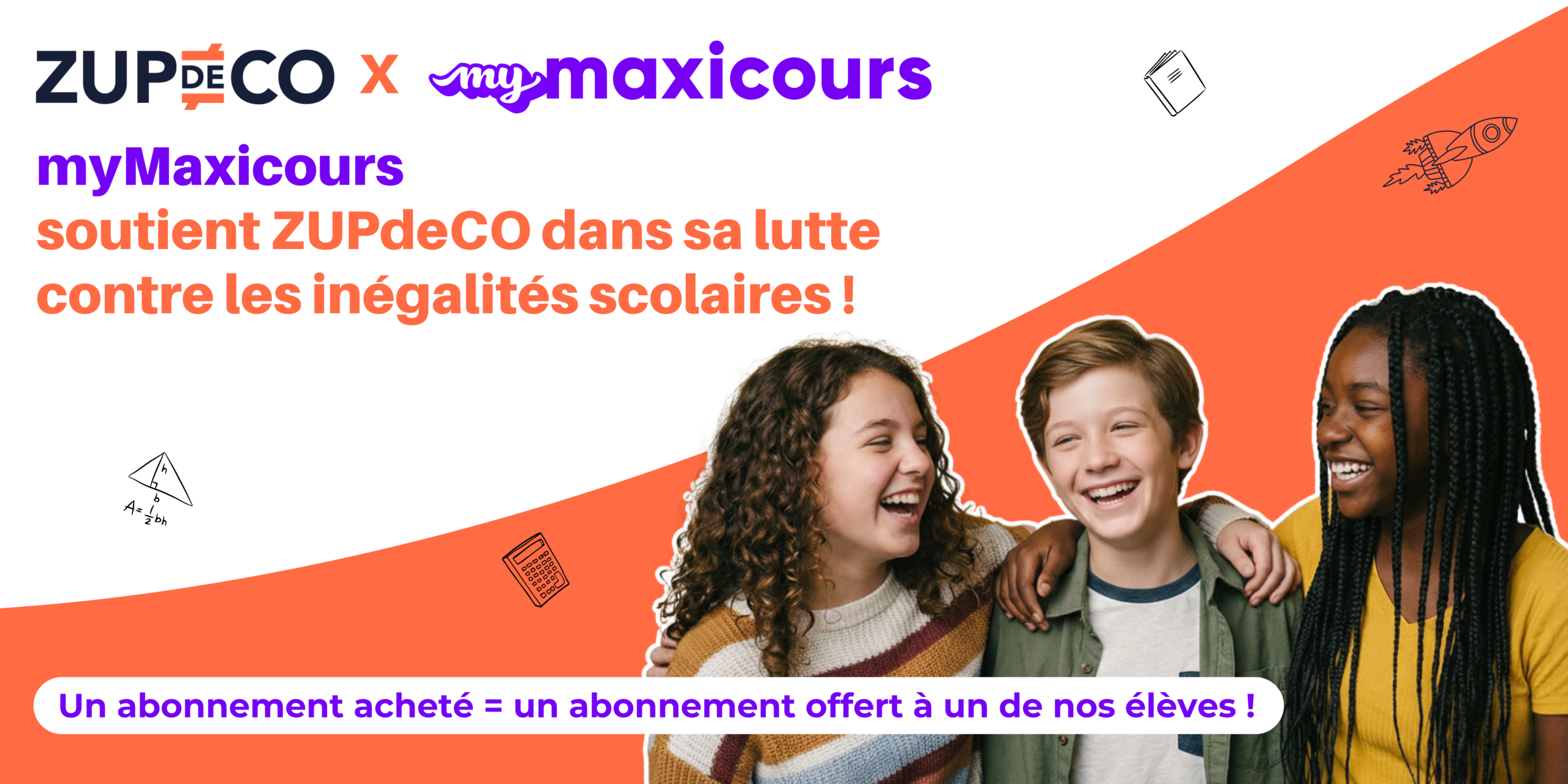 bannière mymaxicours avec trois enfants collégiens qui rigolent