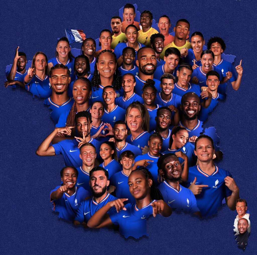 carte de la france avec les joueurs de foot de l'équipe de France composant le collectif bleu lors de JO 2024